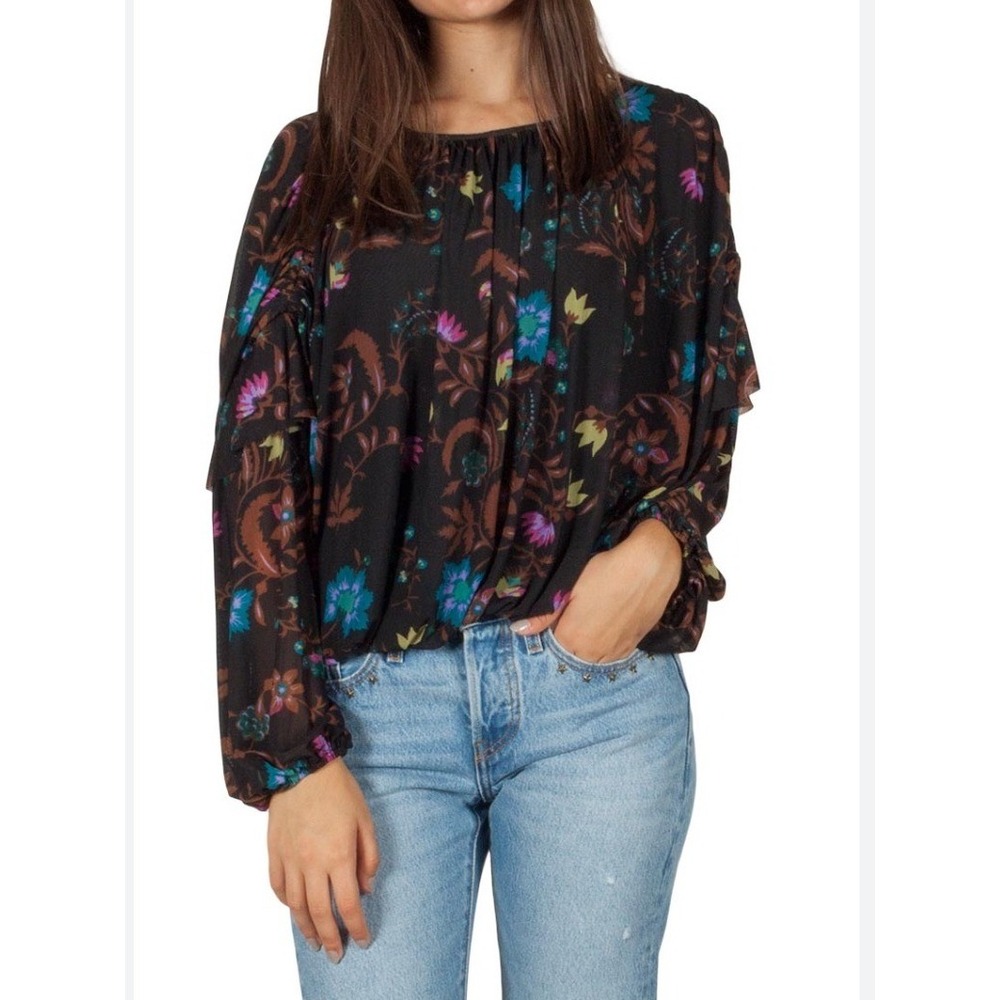 Free People Floral Long Sleeve Blouse‎ Top Black Blue Pink Size Medium
